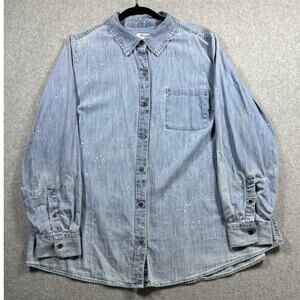 Style & Co Paint Splatter Chambray Button-Up Shirt Women's 2X Blue Denim